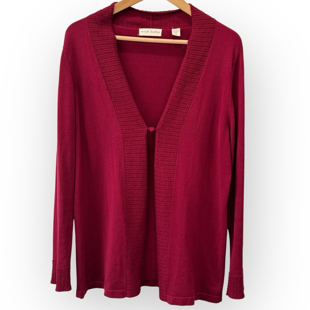 Marsh Landing Cardigan Sweater Women's Medium Red Silk Cotton Blend‎ Bead Detail